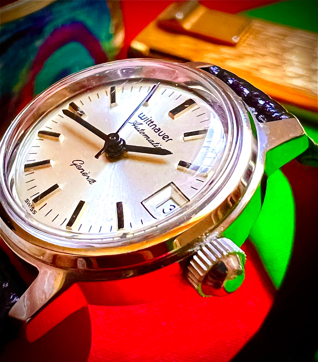 #398 Rare Vintage Wittnauer Geneve Automatic Watch Date Silver Dial Swiss Stainless Steel w/ Original Wittnauer Box