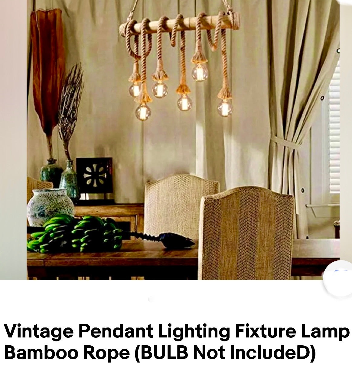 Vintage Pendant Lighting Fixture Lamp Bamboo Rope (BULB Not IncludeD)