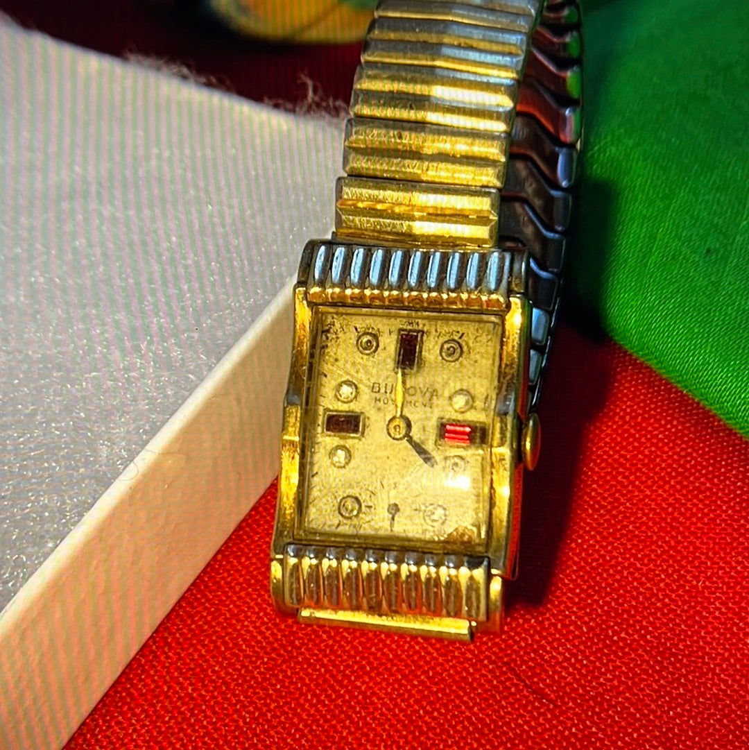 #12 Antiques Bulova 21 jewls 10 K GOLD Filled Diamonds and RUBIES watch