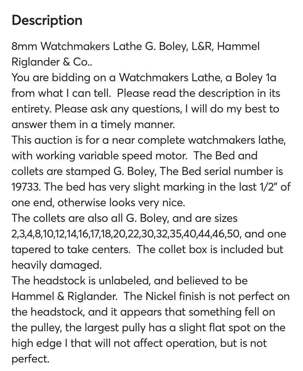 Watchmakers Lathe G. Boley, L&R, Hammel Riglander & Co