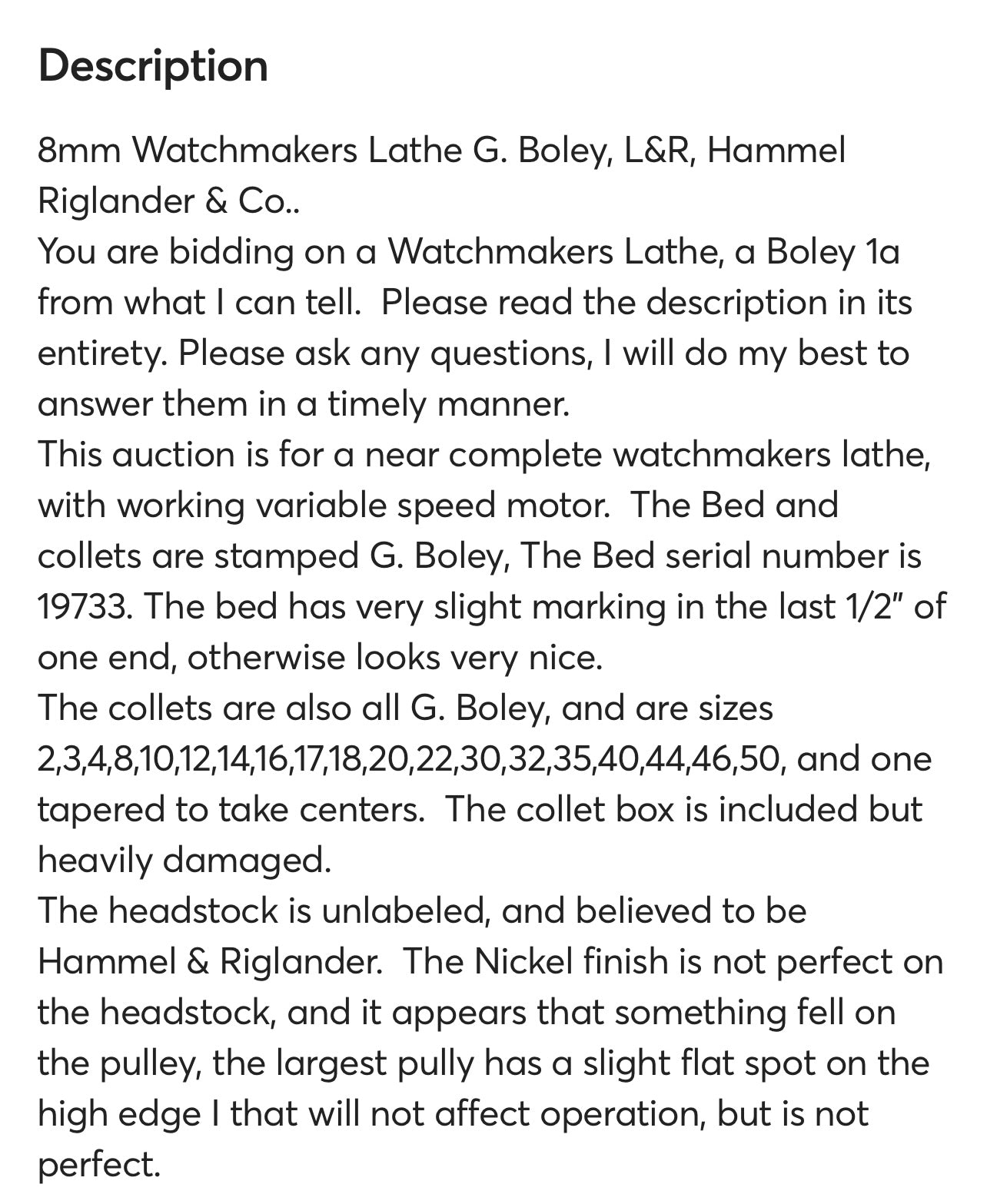 Watchmakers Lathe G. Boley, L&R, Hammel Riglander & Co