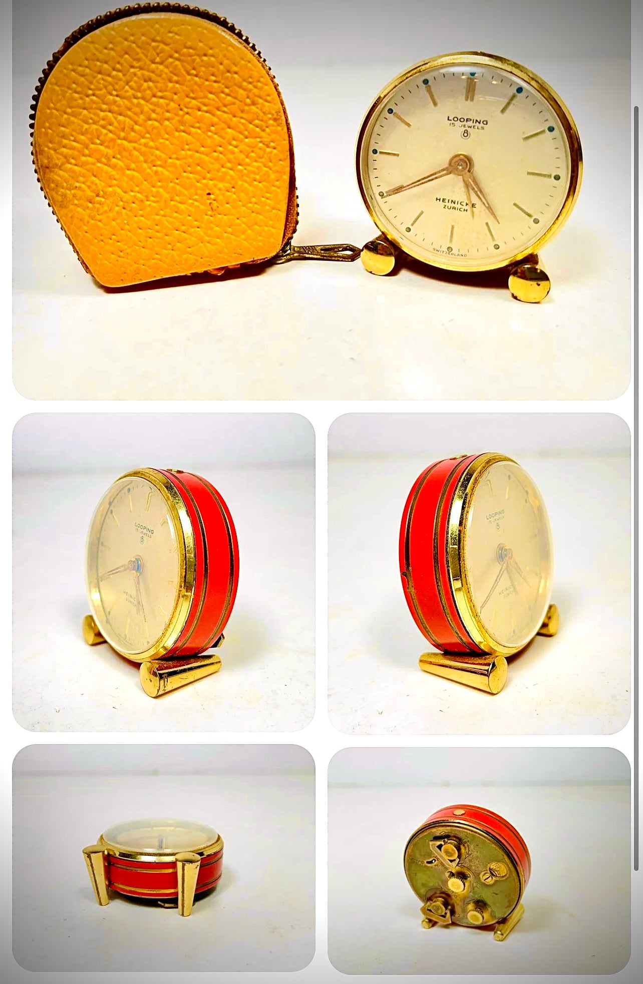 55. Vintage Art Deco Red Orange Looping Travel Alarm Clock In Case w/ Paper Working