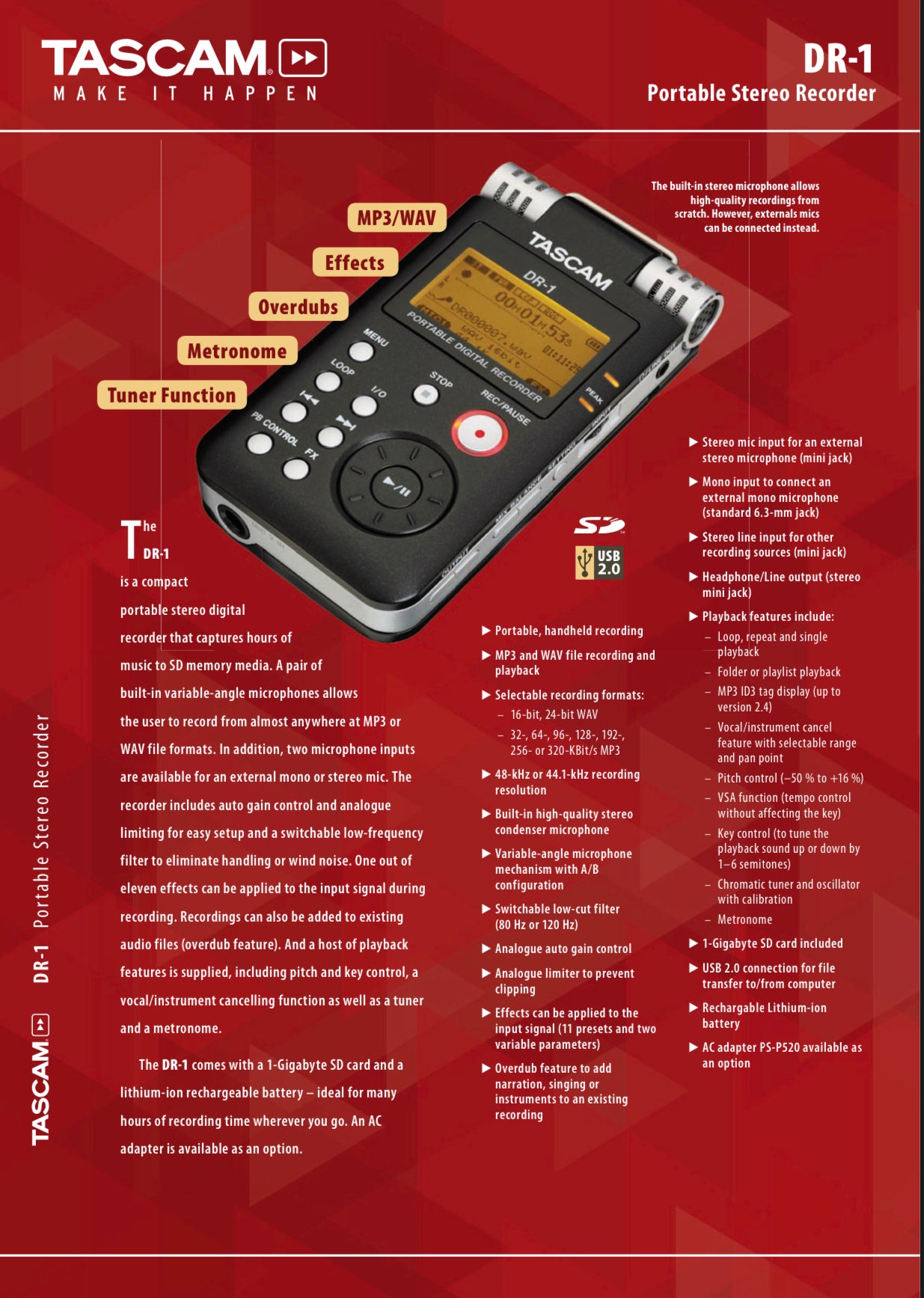 Tascam DR-1 Portable Digital Recorder w/ Battery MW3A3 Tascam Dr-1 Handy Recorder 2GB / MP3 / WAV / with manual