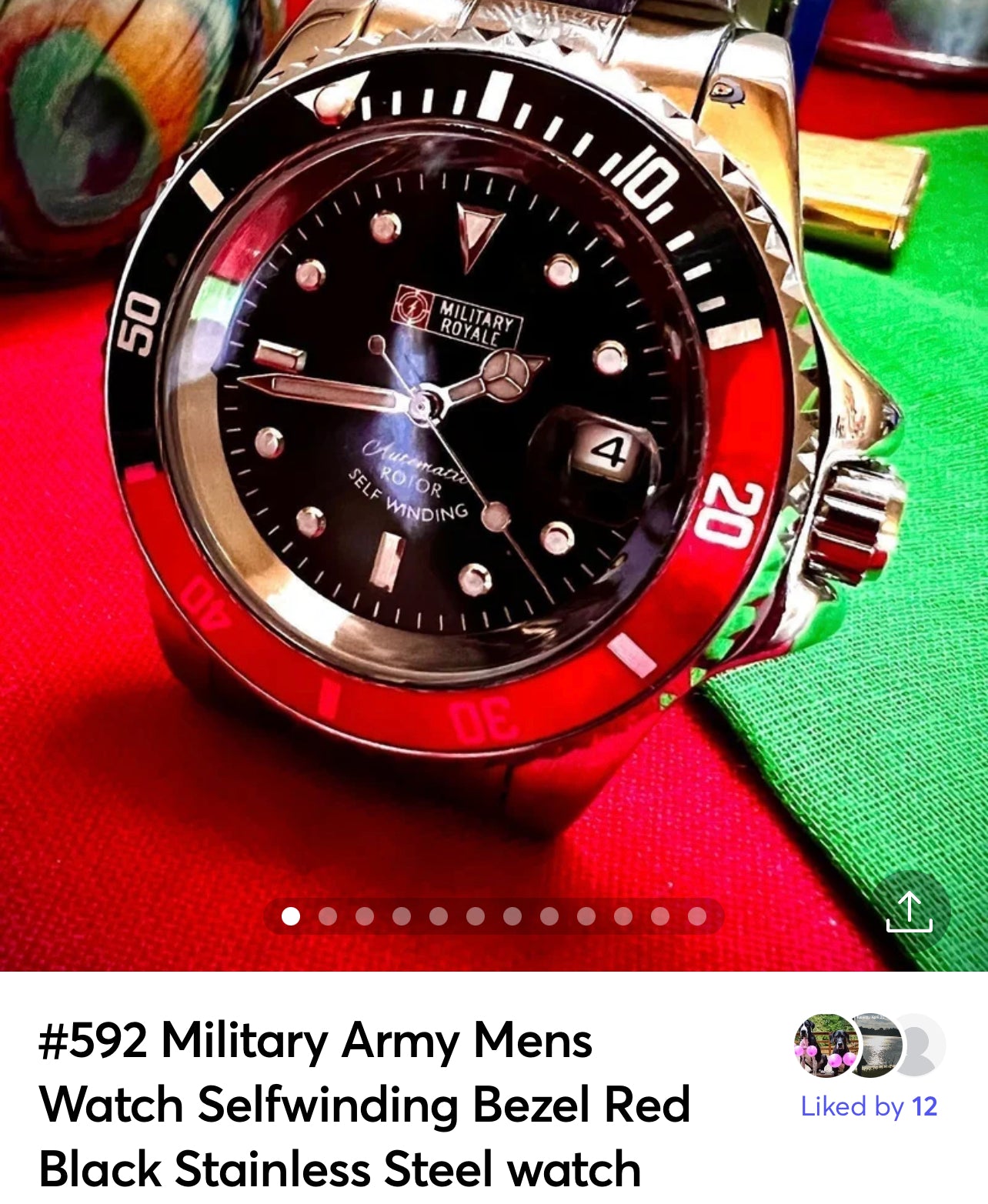 #592 Military Army Mens Watch Mechanical Bezel Red Black Stainless Steel Wrist Strap