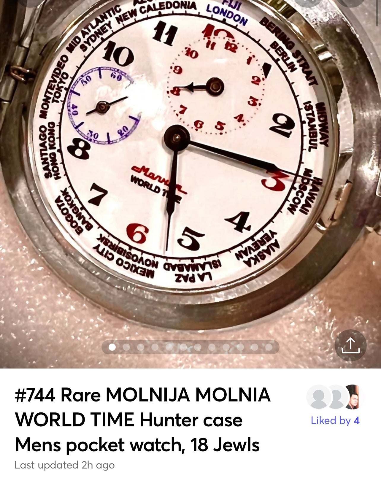 #744 Rare MOLNIJA MOLNIA WORLD TIME Hunter case Mens pocket watch, 18 Jew. *SERVICED