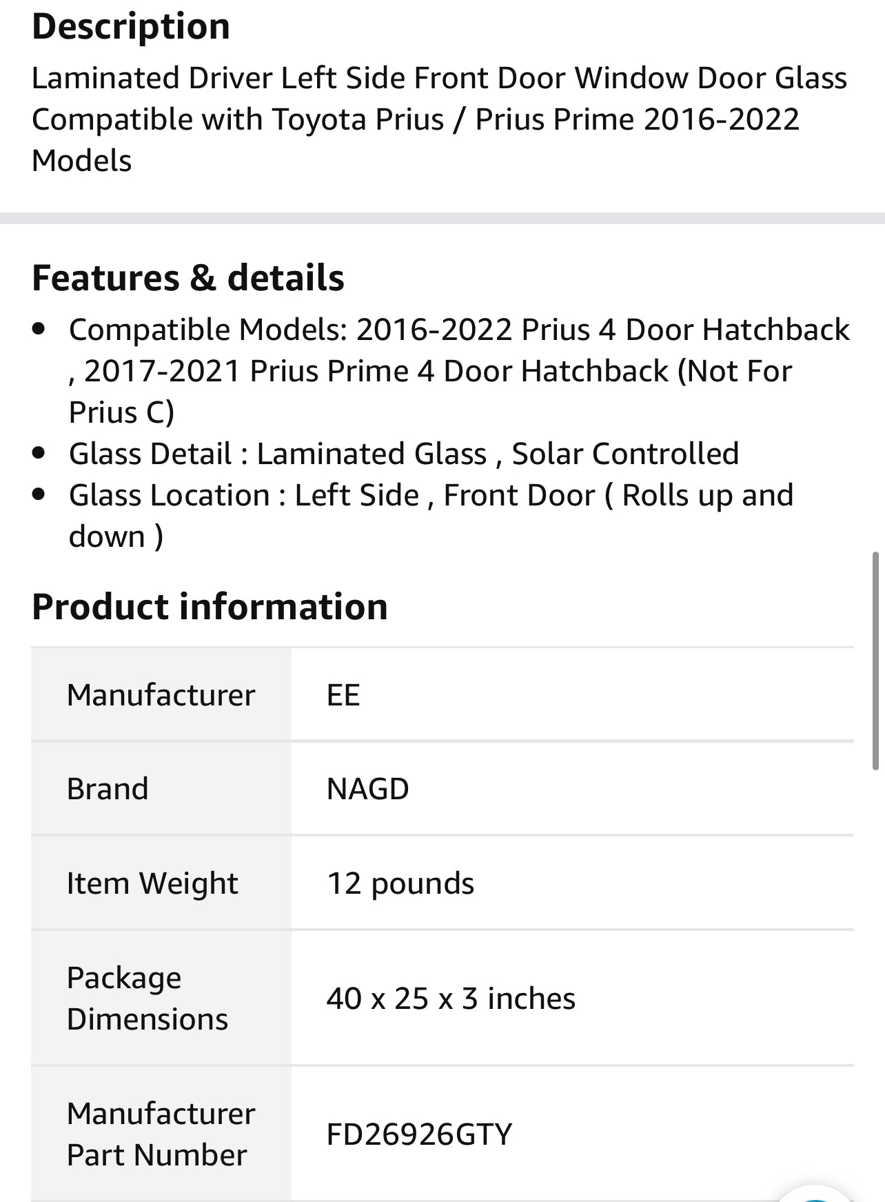 Prius Prime Limited 2020 Driver Side Door genuine Toyota factory Window glass