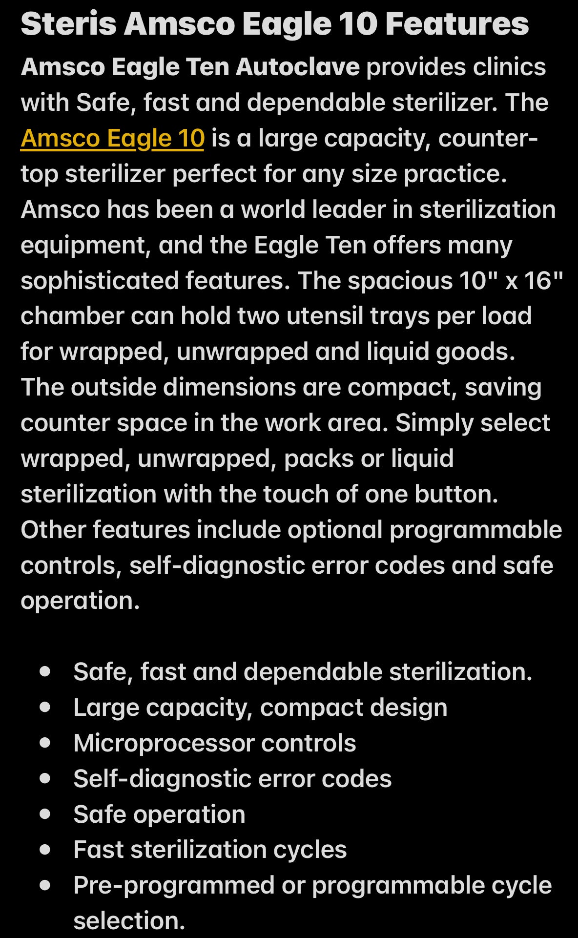 Amsco Eagle Ten Autoclave, Sterilizer for Dental and Surgical instruments  Autoclaving