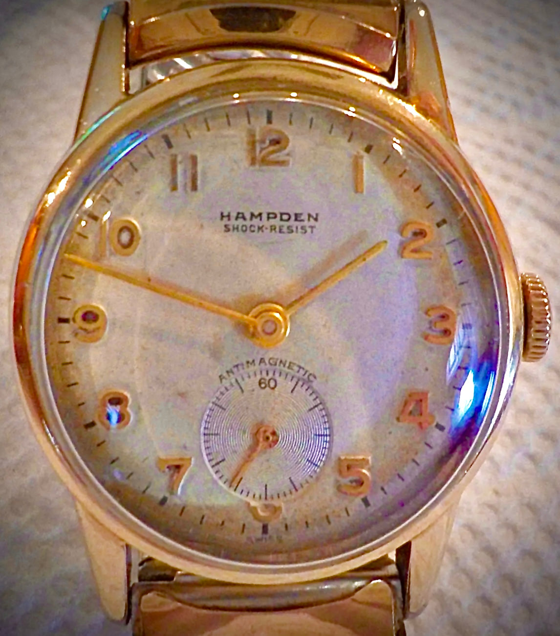 #574 Vintage Hampden 10k Gold Filled Mens Wristwatch Watch Swiss Sub Dial Runs 29mm