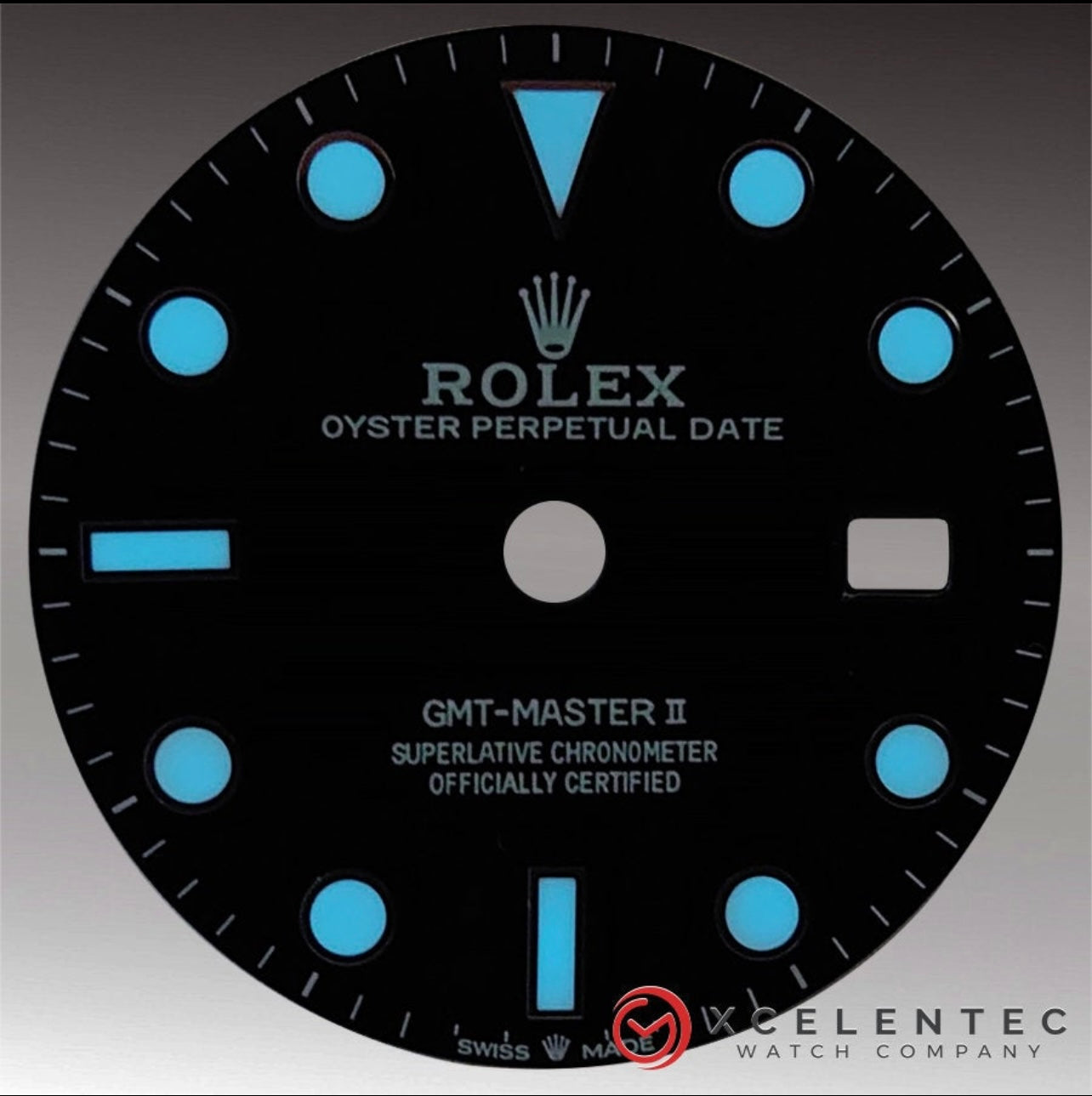 Custom Refinished Dial. GMT Master II SS Black Big Luminous Dial for Rolex Caliber 3075, 3085, 3175, 3185, 3186 only