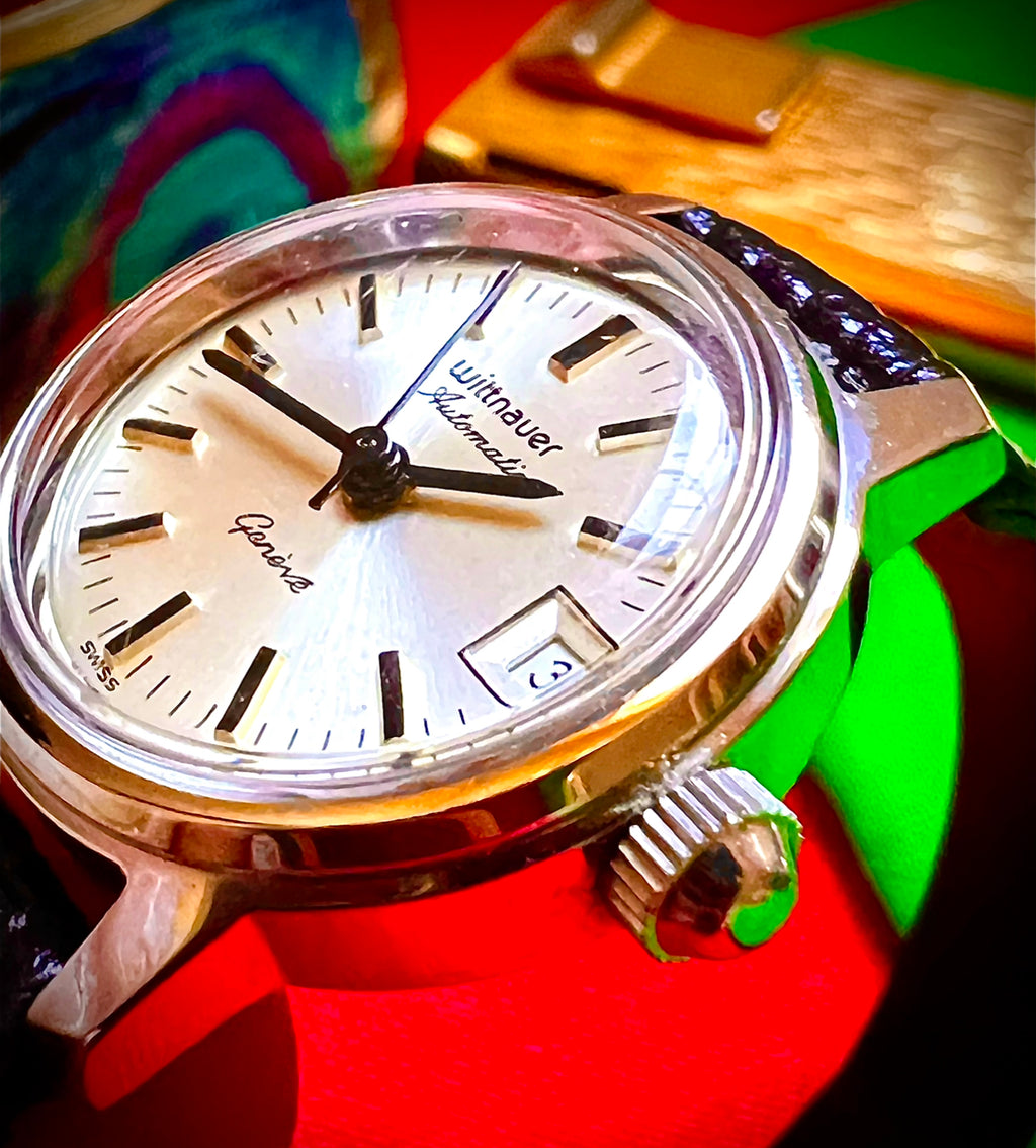 #398 Rare Vintage Wittnauer Geneve Automatic Watch Date Silver Dial Swiss Stainless Steel w/ Original Wittnauer Box