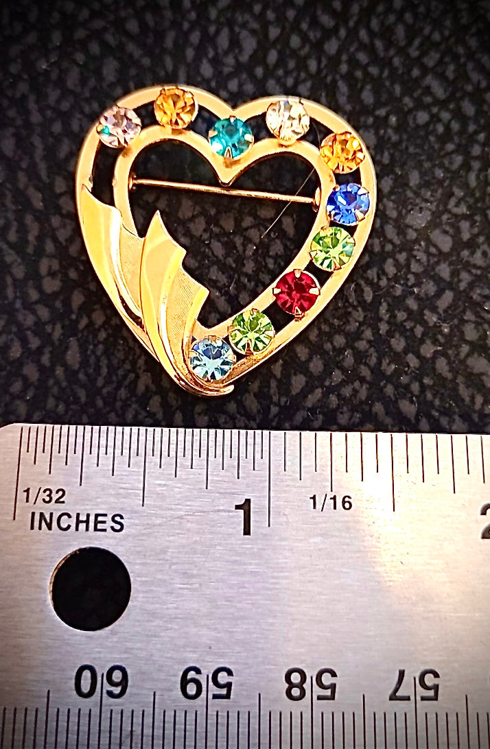 #418 Antique 12K gold filled multi-stone heart Brooch